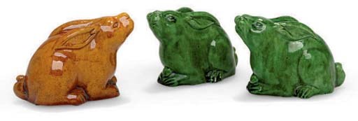 THREE CHINESE GLAZED FIGURES OF BUNNIES,