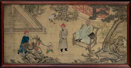 A CHINESE PAINTING OF SILK OF A DIGNITARY IN HIS GARDEN,