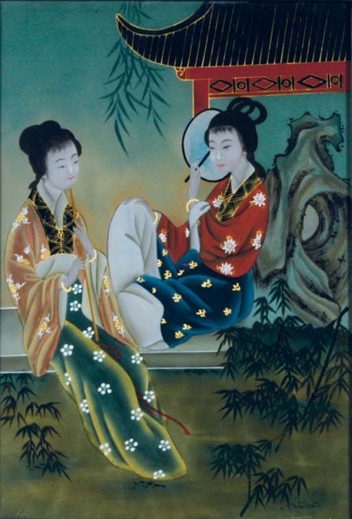 THREE CHINESE REVERSE DECORATED PICTURES ON GLASS,