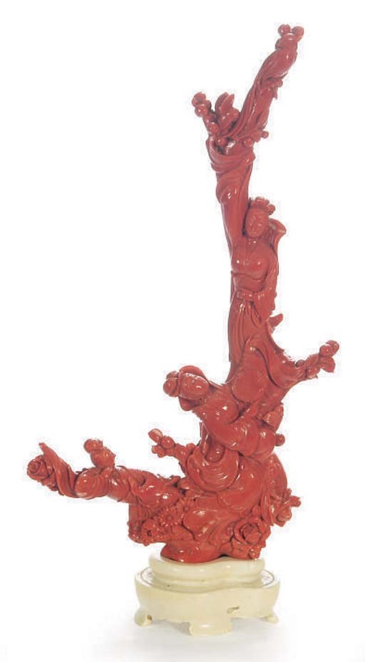 A CHINESE RED CORAL CARVING OF FEMALE IMMORTALS,