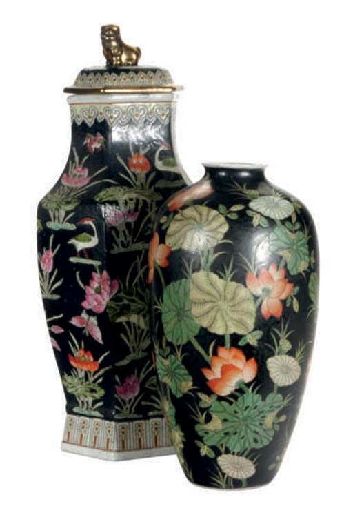 A PAIR OF CHINESE FAMILLE NOIR HEXAGONAL JARS AND COVERS AND OVOID VASES,