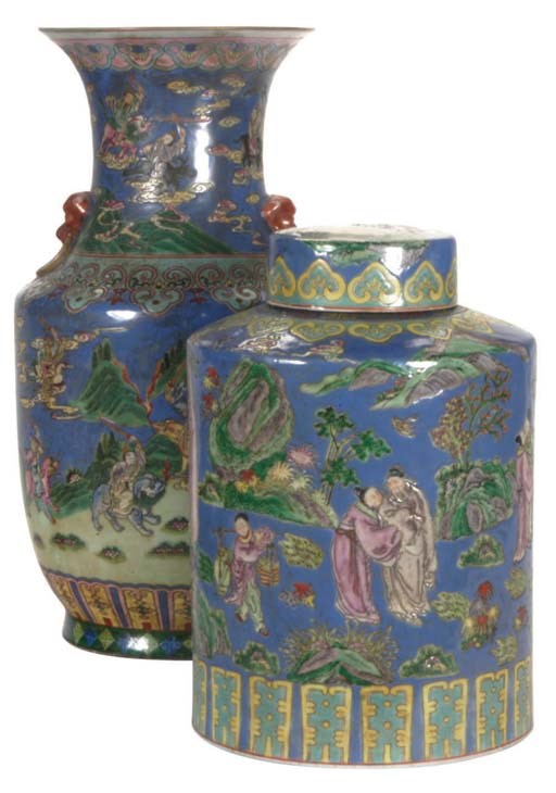 A PAIR OF CHINESE CYLINDRICAL JARS AND COVERS AND BALUSTER VASES,