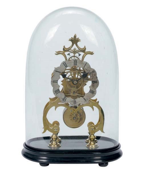 A BRASS AND PEWTER SKELETON CLOCK WITH GLASS DOME,