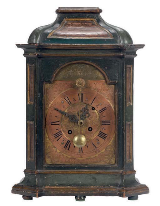A GERMAN POLYCHROME, BRASS, AND COPPER BRACKET CLOCK,