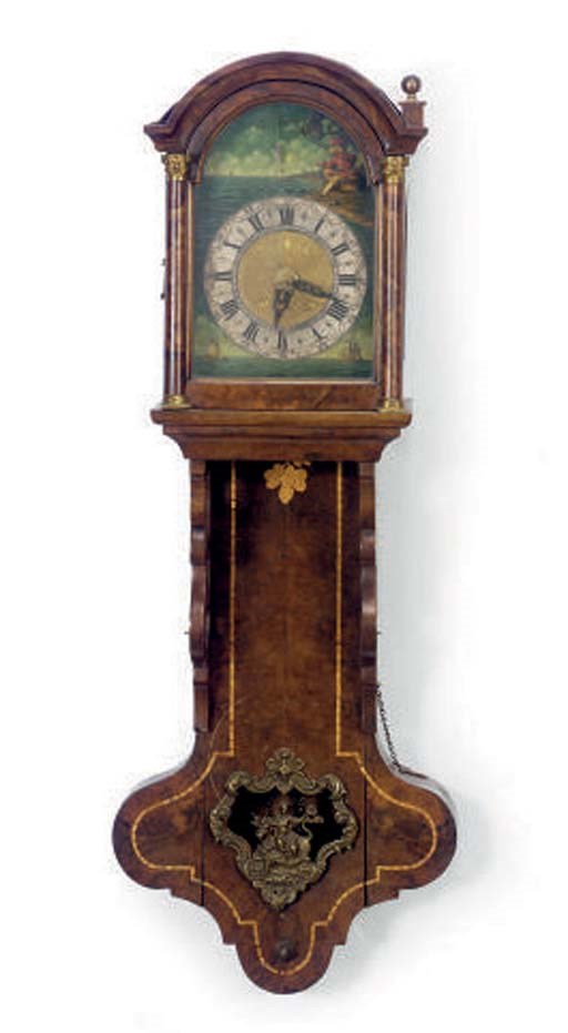 A DUTCH INLAID WALNUT WALL CLOCK WITH AUTOMATON MOVEMENT,
