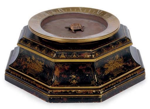 A CONTINENTAL OCTAGONAL CHINOISERIE WATER CLOCK WITH FLOATING TURTLE,