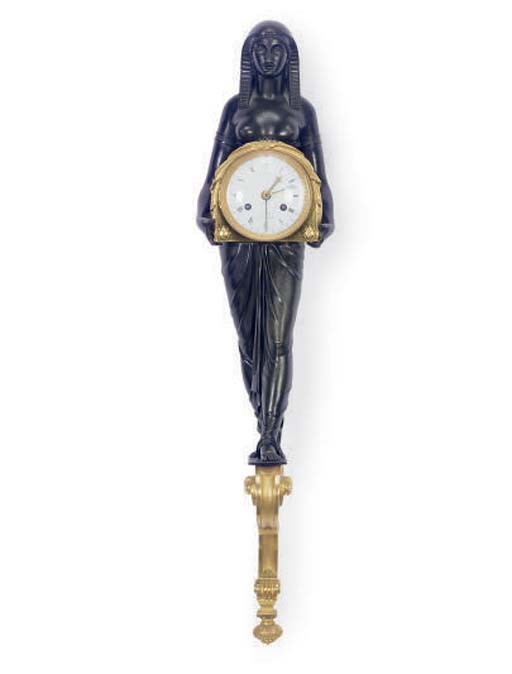 AN EMPIRE PATINATED AND GILT-BRONZE FIGURAL WALL CLOCK,