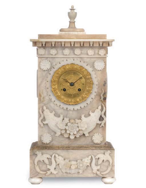 A LOUIS PHILIPPE CARVED ALABASTER MANTEL CLOCK,