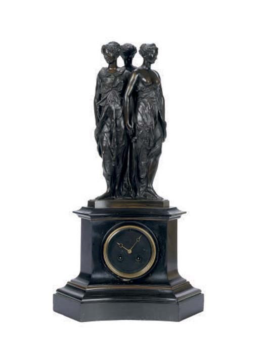 A FRENCH PATINATED BRONZE FIGURAL MANTEL CLOCK,