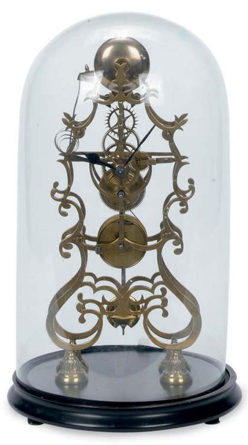 A BRASS SKELETON-FORM CLOCK WITH GLASS DOME,
