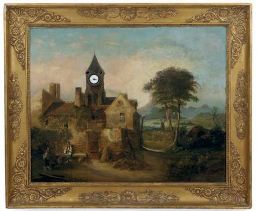 A CONTINENTAL SCENIC PAINTING CLOCK,