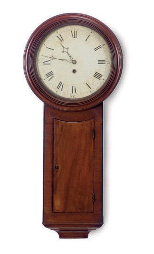 AN ENGLISH MAHOGANY CIRCULAR FACE WALL CLOCK,