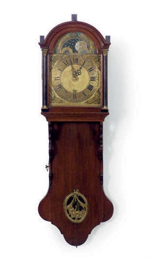 A DUTCH WALNUT AND BRASS WALL CLOCK,