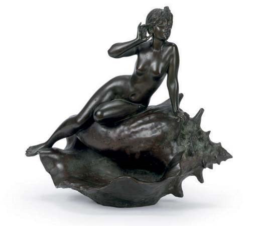 A BRONZE-PLATED FIGURE OF A MAIDEN ON SHELL,