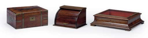 A VICTORIAN BRASS BOUND WORK BOX AND A STATIONARY BOX,