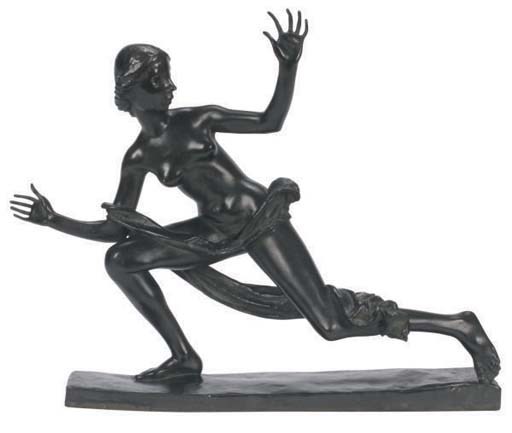 AN ART DECO PATINATED BRONZE FIGURE OF A MAIDEN,