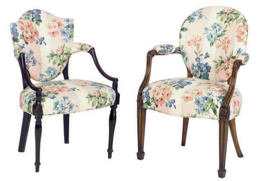 TWO ENGLISH FLORAL UPHOLSTERED MAHOGANY ARMCHAIRS,