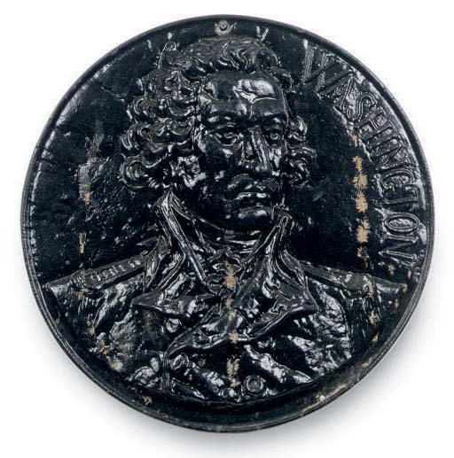 A BLACK PAINTED CAST IRON ROUNDEL OF GEORGE WASHINGTON,