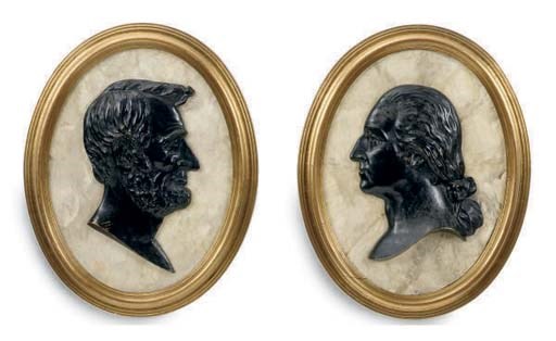 A PAIR OF PATINATED BRONZE AND FAUX MARBLE PORTRAIT MEDALLIONS,