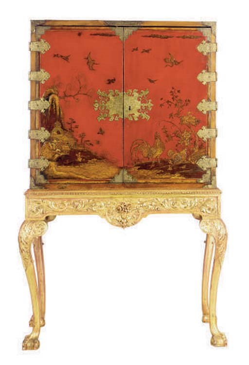A QUEEN ANNE RED, BLACK AND GILT LACQUERED CAINET ON MODERN STAND,