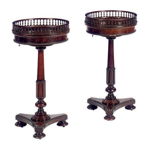 A PAIR OF EARLY VICTORIAN CARVED MAHOGANY GALLERY TOP SIDE TABLES,