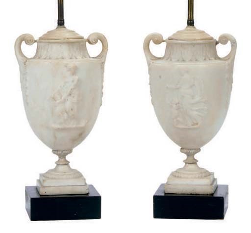 A PAIR OF CARVED WHITE MARBLE TABLE LAMPS,
