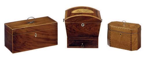 A GROUP OF THREE ENGLISH TEA CADDIES**,