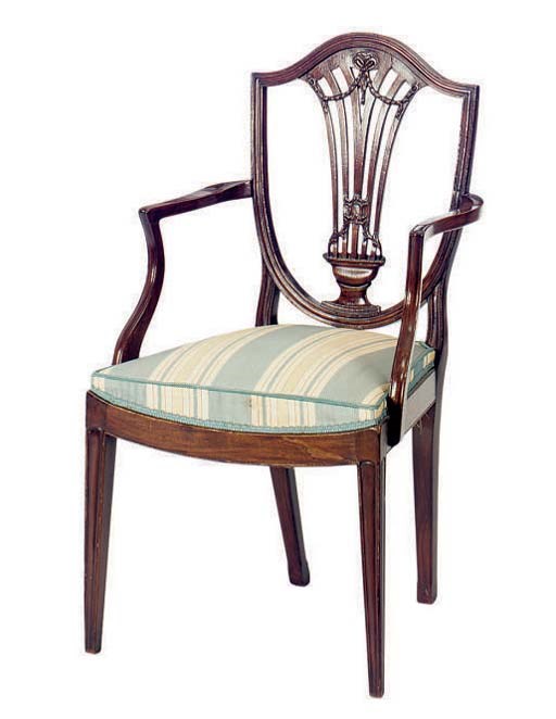 A PAIR OF ENGLISH MAHOGANY SHIELD BACK ARMCHAIRS,