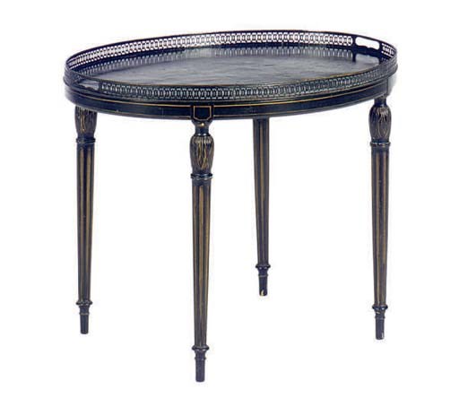 AN ENGLISH PARCEL-GILT TOLE PEINTE TRAY ON LATER STAND,