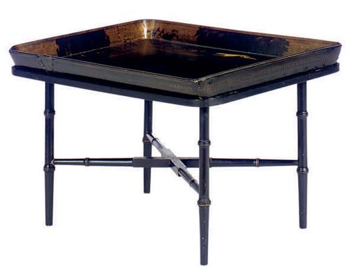 AN ENGLISH PARCEL-GILT BLACK PAINTED TRAY ON LATER STAND,