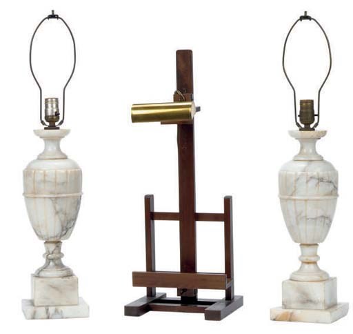 A PAIR OF CARVED ALABASTER TABLE LAMPS,