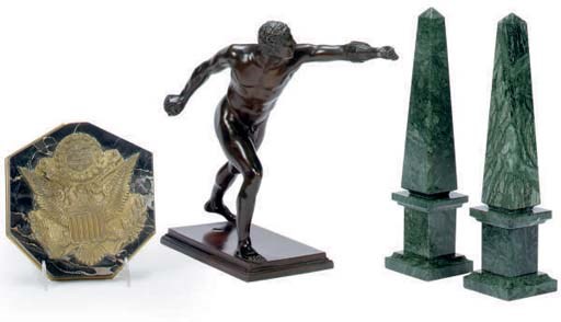 A PAIR OF GREEN MARBLE OBELISKS,