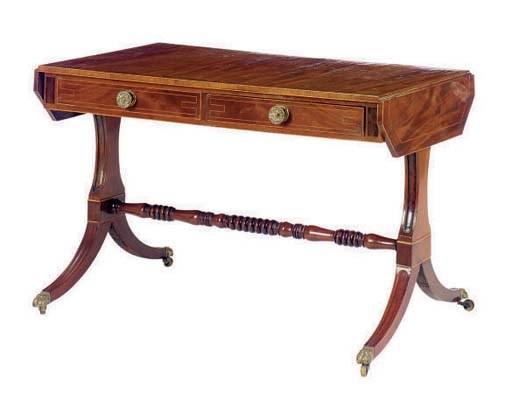 AN ENGLISH SATINWOOD INLAID MAHOGANY SOFA TABLE,