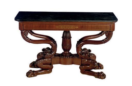 A MAHOGANY AND BRASS INLAID CONSOLE TABLE,