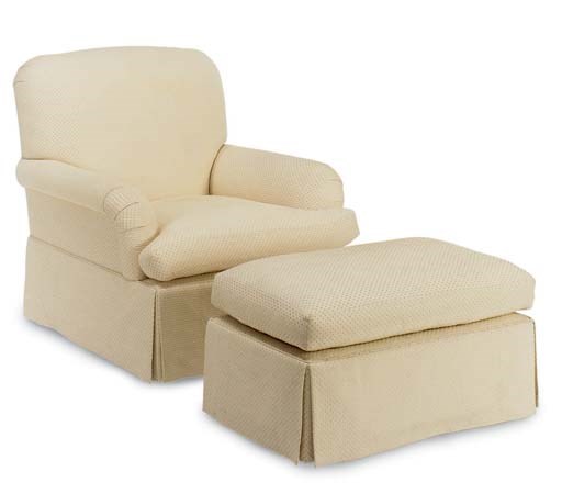 AN UPHOLSTERED CLUB CHAIR WITH OTTOMAN,