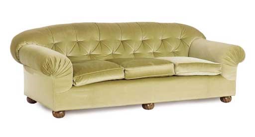 AN OLIVE VELOUR UPHOLSTERED CLUB SOFA,