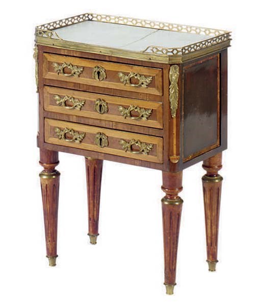 A FRENCH GILT-BRONZE MOUNTED KINGWOOD AND TULIPWOOD MARBLE TOP MINIATURE COMMODE,