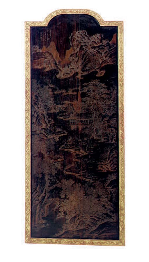 A PAIR OF LACQUER AND CARVED GILTWOOD FRAMED WALL PANELS,