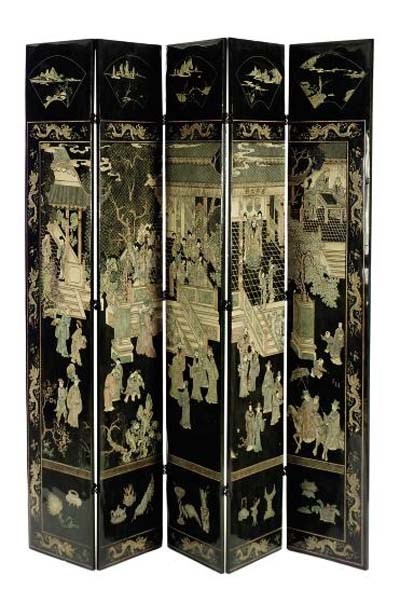 A CHINESE PAINTED POLYCHROME AND LACQUER FIVE-PANEL FLOOR SCREEN,