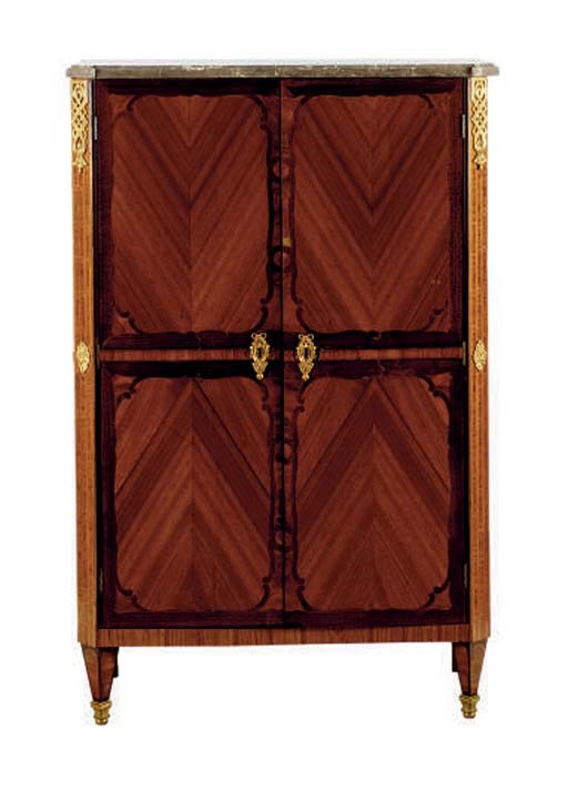 A FRENCH GILT-METAL MOUNTED TULIPWOOD AND AMARANTH MARBLE TOP BIBLIOTHEQUE,