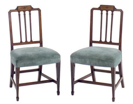 A SET OF SIX VICTORIAN SATINWOOD INLAID, MAHOGANY AND MARQUETRY DINING CHAIRS,