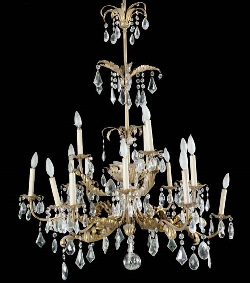 A GILT-BRONZE AND CUT GLASS FIFTEEN BRANCH CHANDELIER,