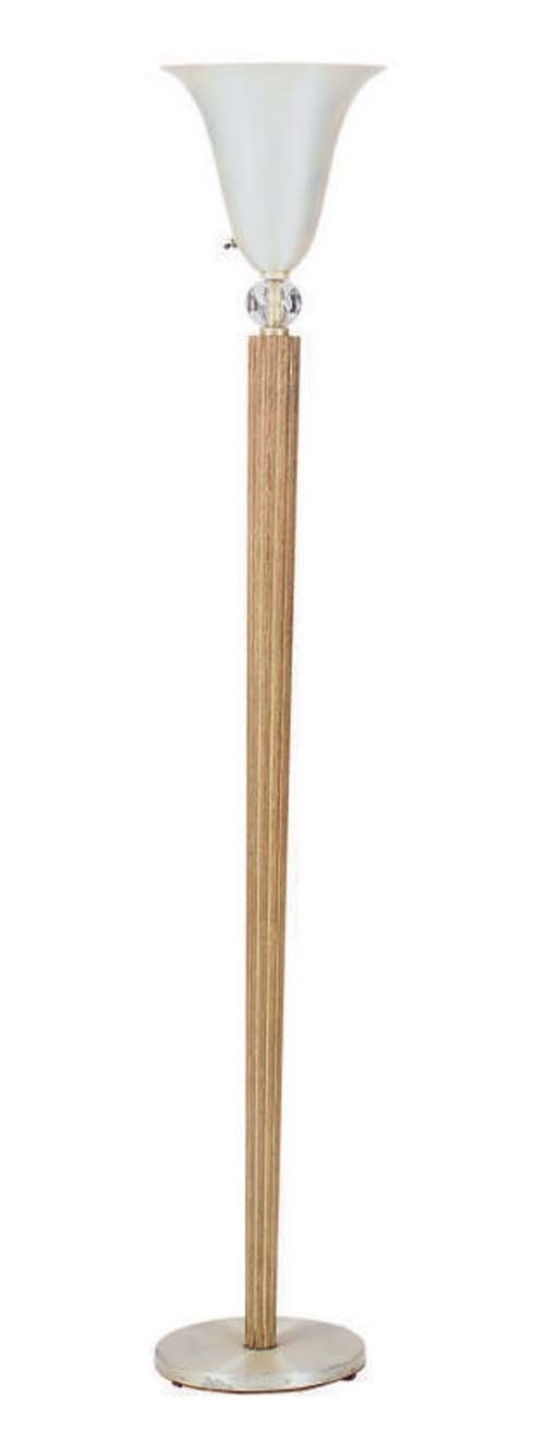 AN ART MODERNE CHROME, LUCITE AND CARVED OAK FLOOR LAMP,