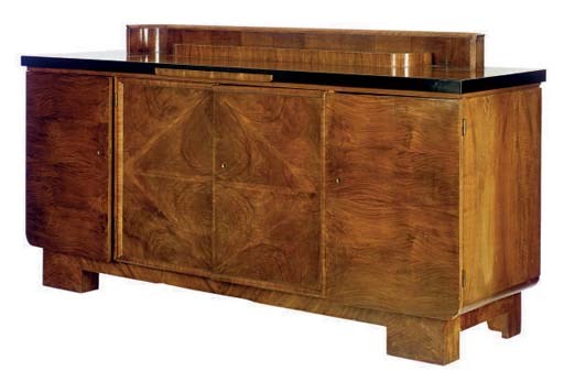 A WALNUT AND EBONISED SIDEBOARD,