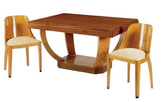 A WALNUT AND BIRCH DINING TABLE AND SIX CHAIRS,