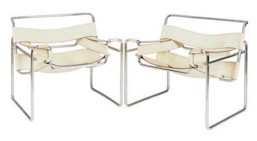 A PAIR OF CHROME AND WHITE LEATHER ARMCHAIRS,