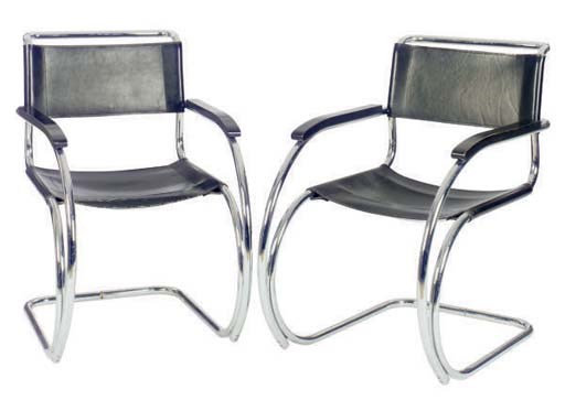 A PAIR OF BLACK LEATHER AND CHROME ARMCHAIRS,