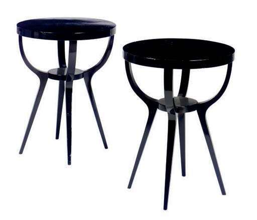 A PAIR OF EBONISED CIRCULAR SIDE TABLES,
