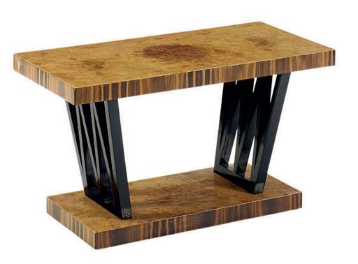 A BURR WALNUT AND EBONISED LOW TABLE,
