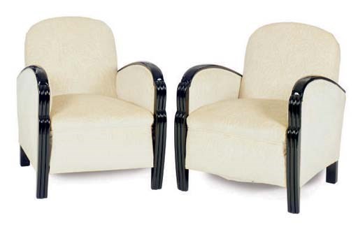 A PAIR OF EBONISED UPHOLSTERED BERGERES,